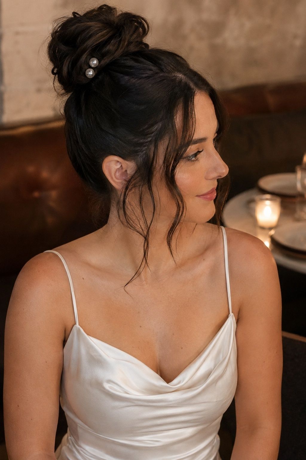 Pearl-accented Pammy updo with an ivory satin reception dress