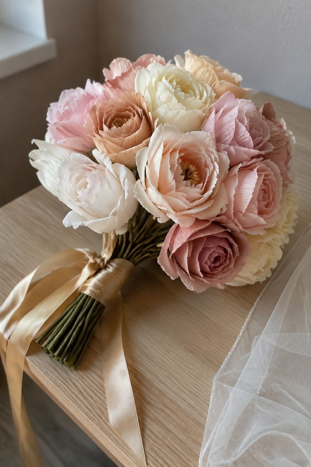 Handmade soft crepe paper roses in blush and ivory with a trailing champagne silk ribbon