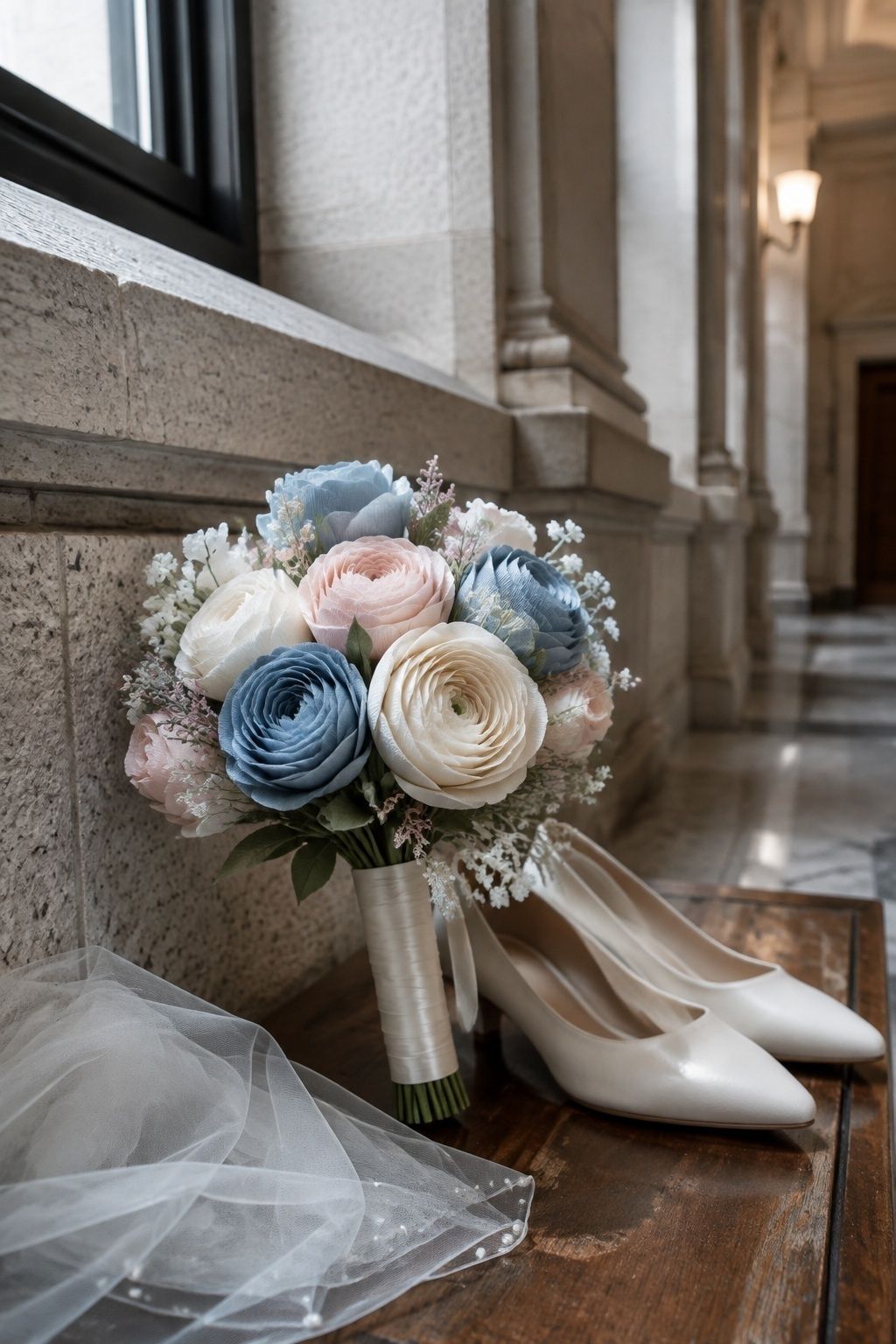 Petite dusty blue, blush, and ivory paper bouquet styled for courthouse vows