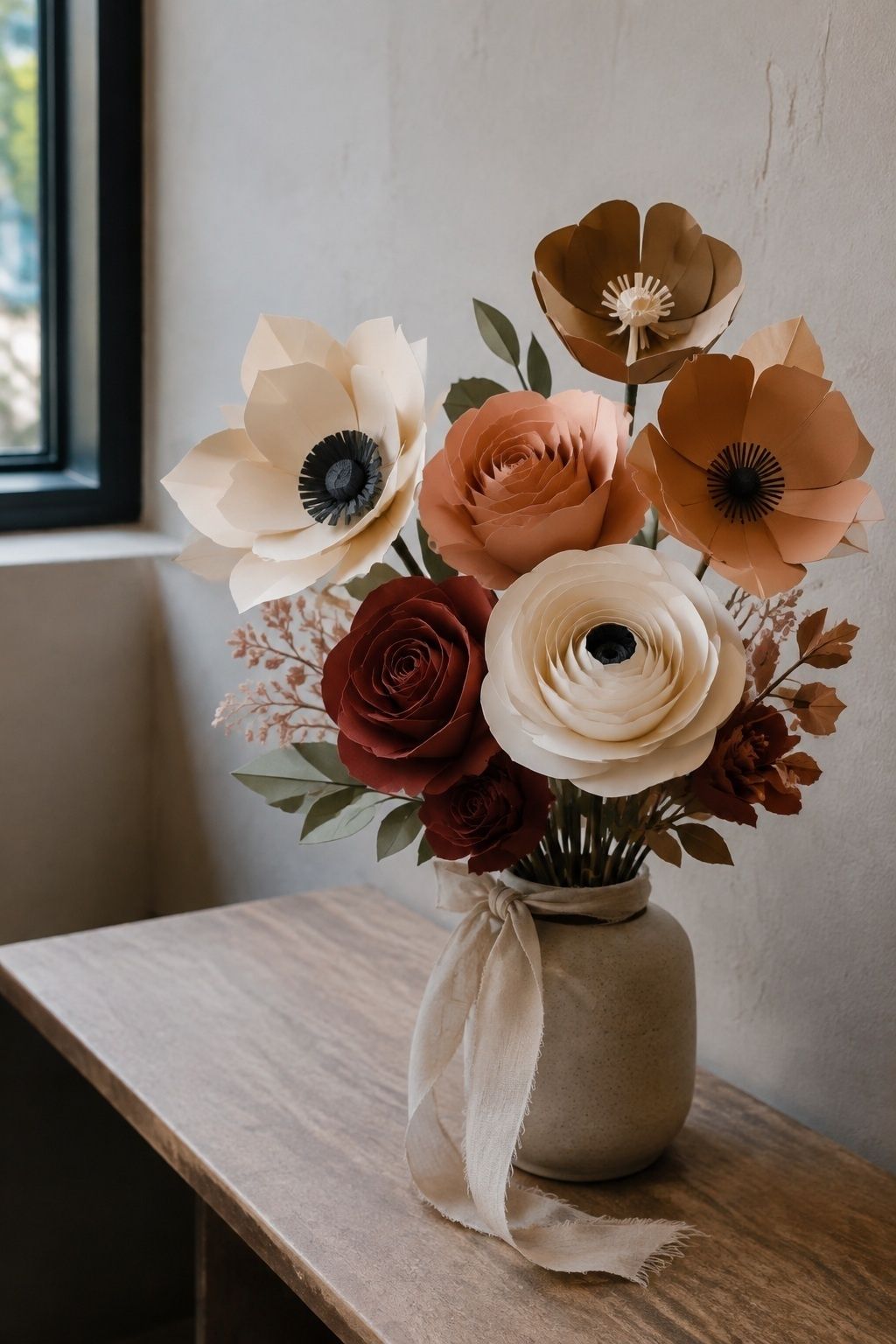 Sculptural matte cardstock wedding flowers in ivory, apricot, clay, and burgundy