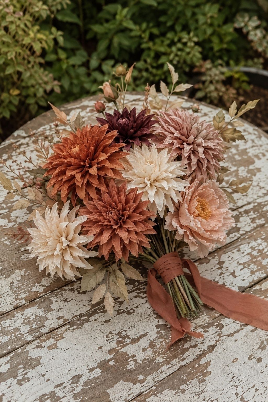 Textured paper dahlias in terracotta, mauve, cream, and plum for a late-summer wedding