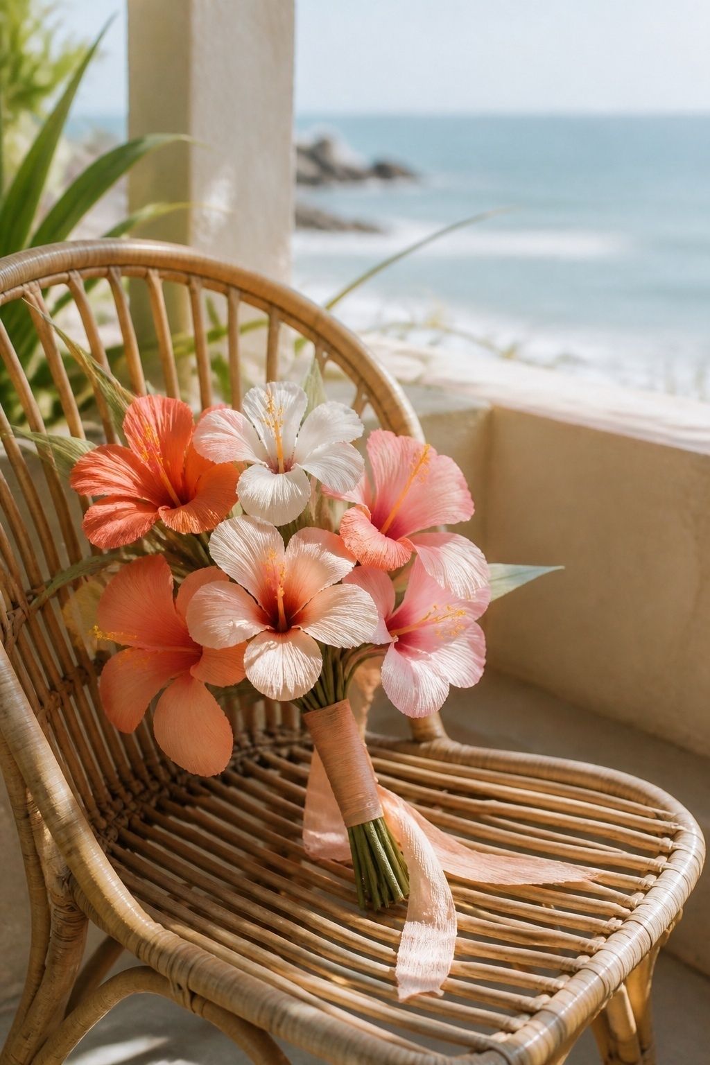 Airy coral and shell-pink paper hibiscus bouquet on a seaside terrace