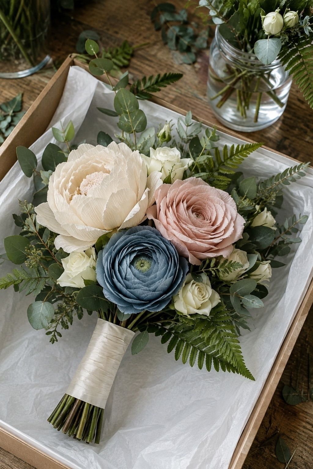 Mixed bouquet of crepe paper focal flowers with fresh roses, eucalyptus, and fern