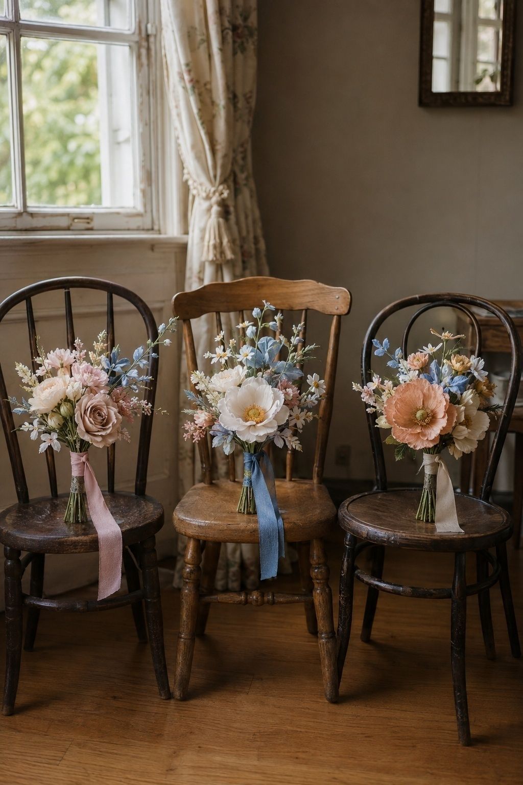 Three coordinated small paper flower bridesmaid bouquets on wooden chairs