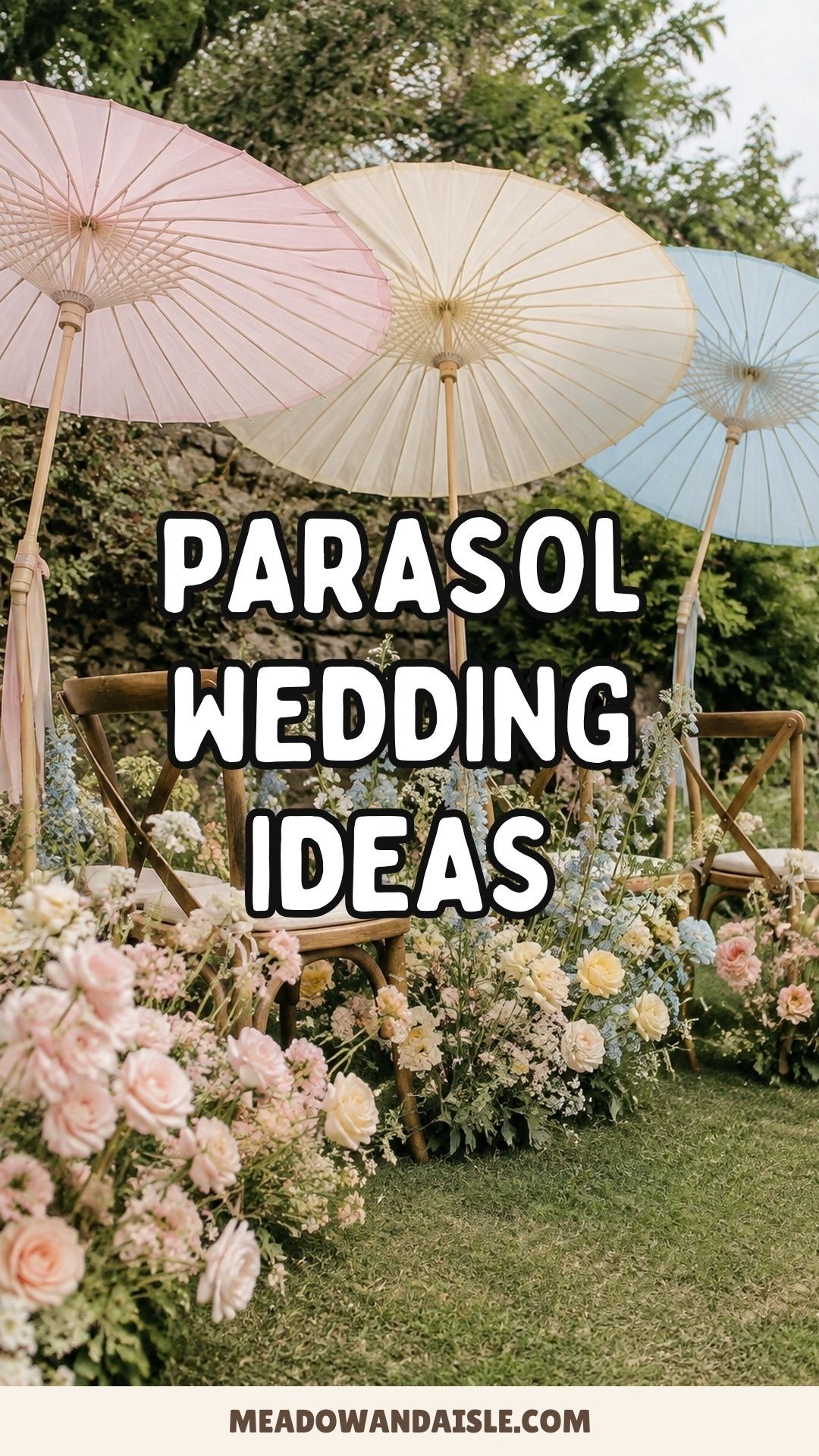 Pinterest pin with the title Parasols Wedding Ceremony Ideas