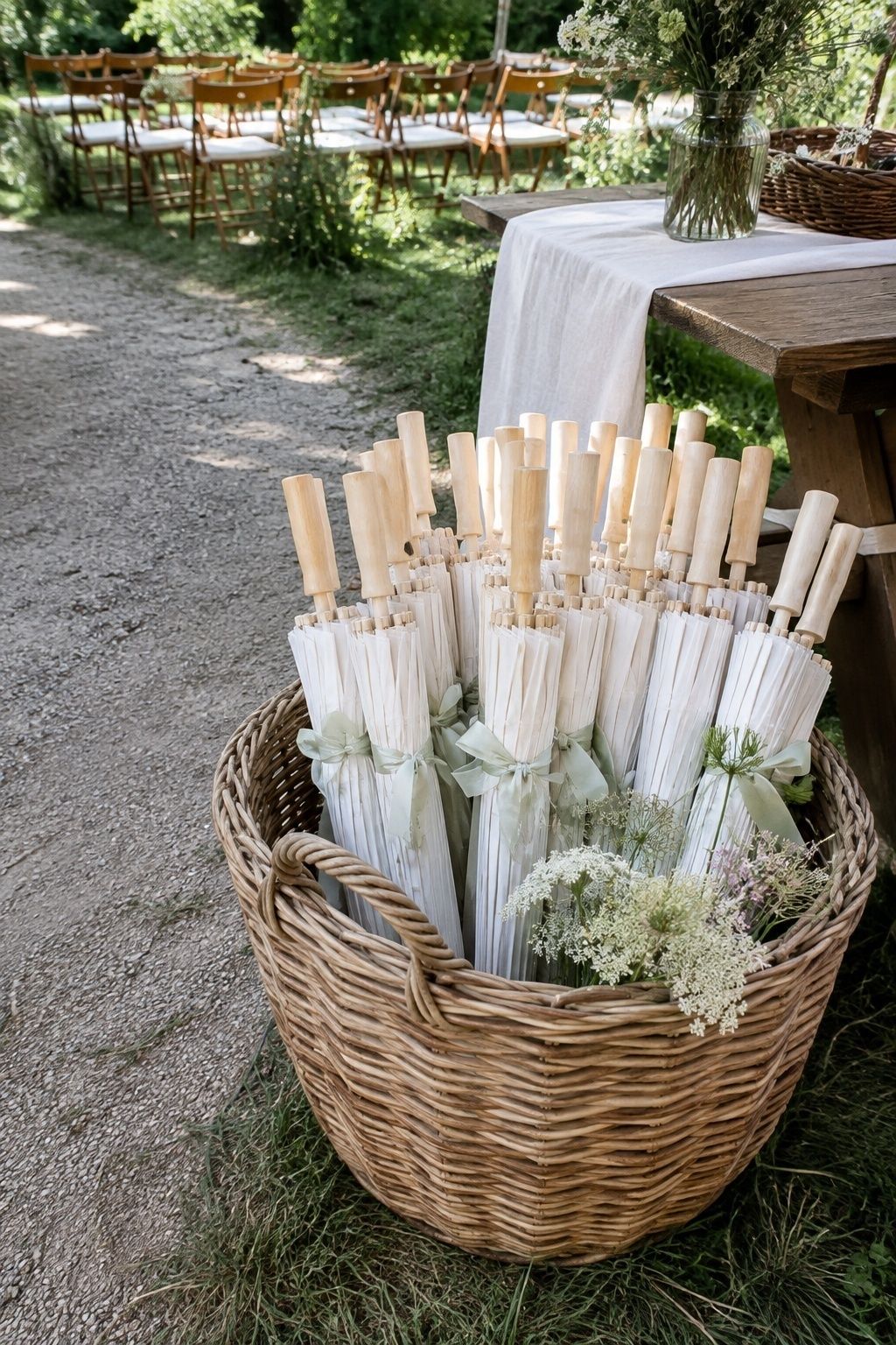 Wicker basket of white guest parasols at a garden wedding entrance