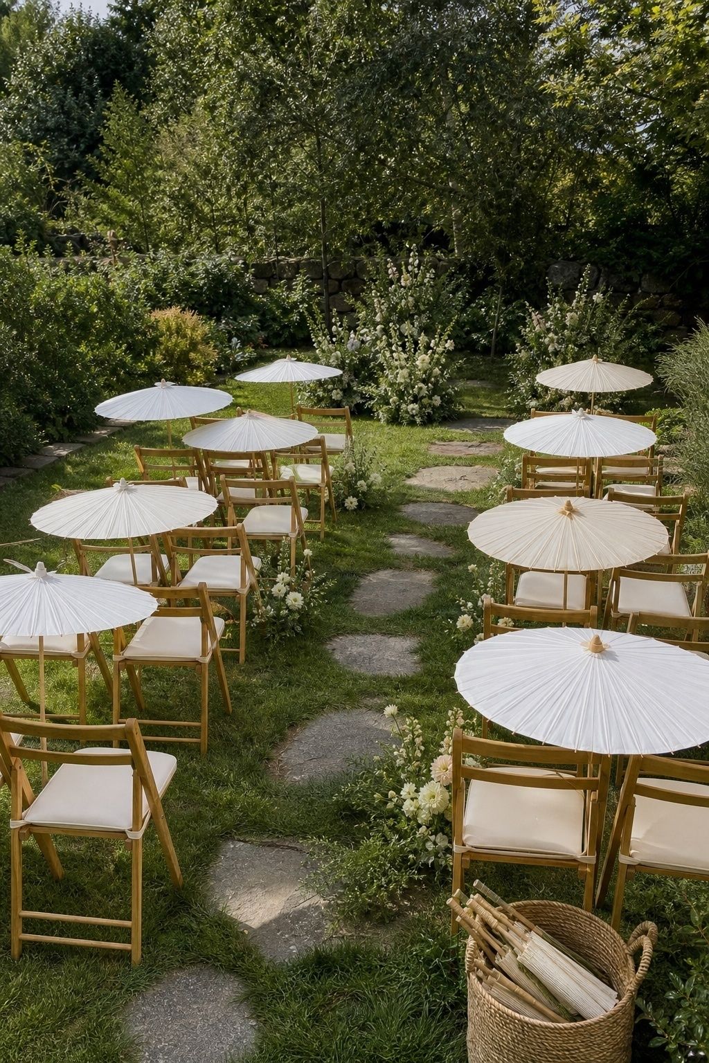 Matching white parasols arranged across sunny garden ceremony rows