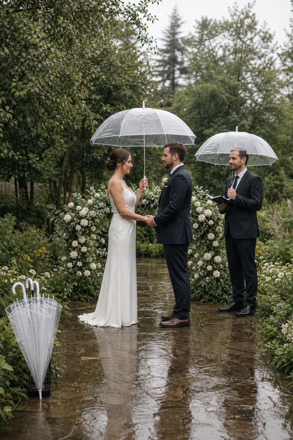 Wedding couple and officiant using clear umbrellas for rain-ready vows