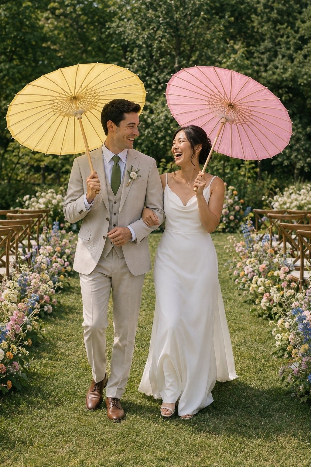 Newlyweds carrying pink and yellow parasols during a joyful recessional