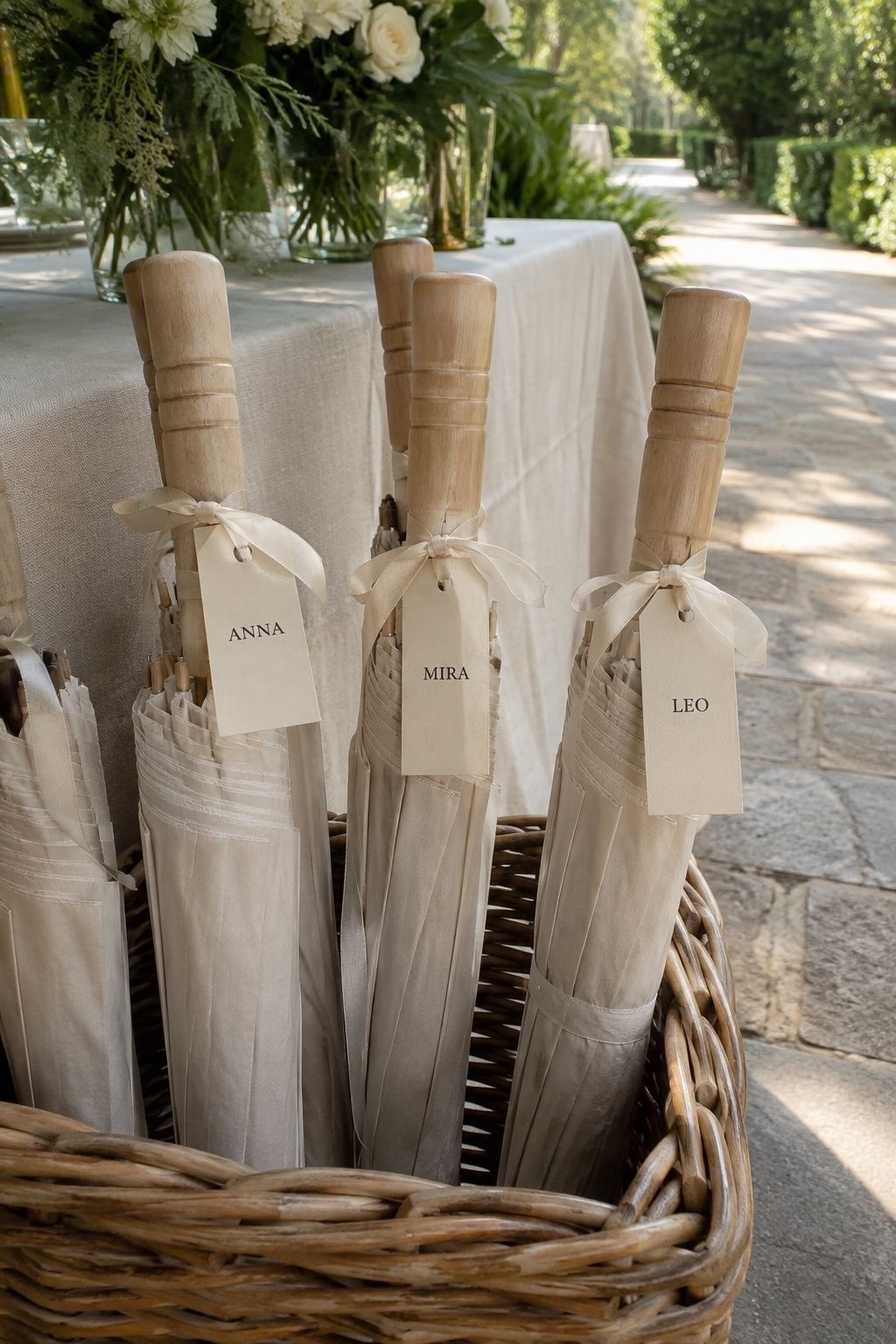 Ivory wedding parasols tied with removable guest name tags