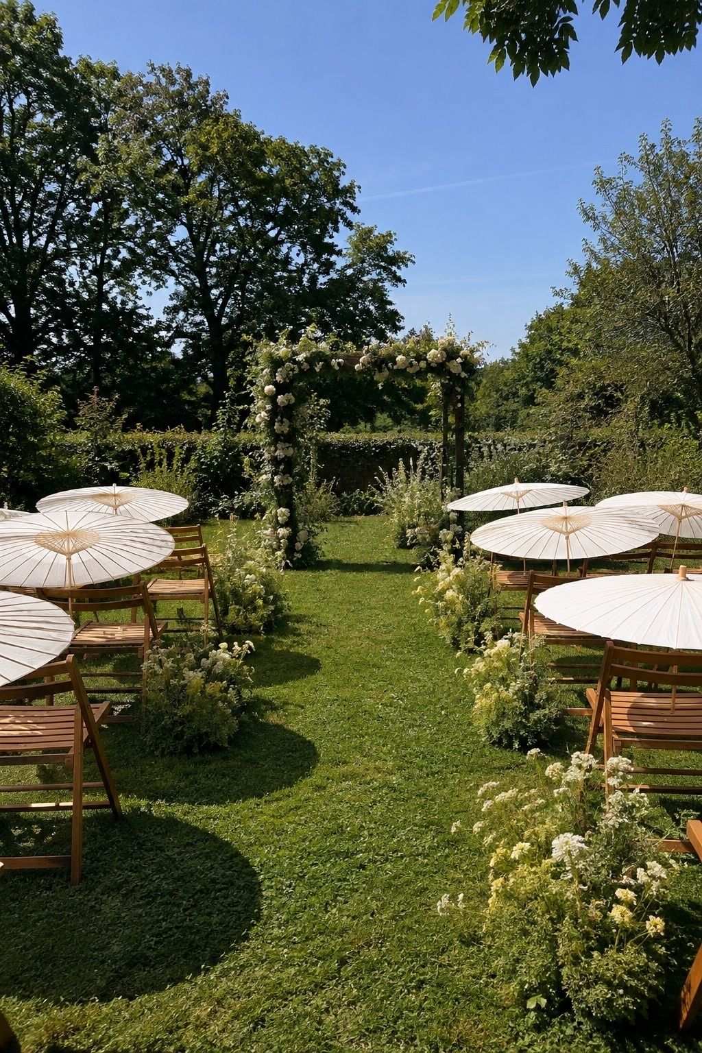 Low white parasols shading sunny aisle seats at a garden ceremony