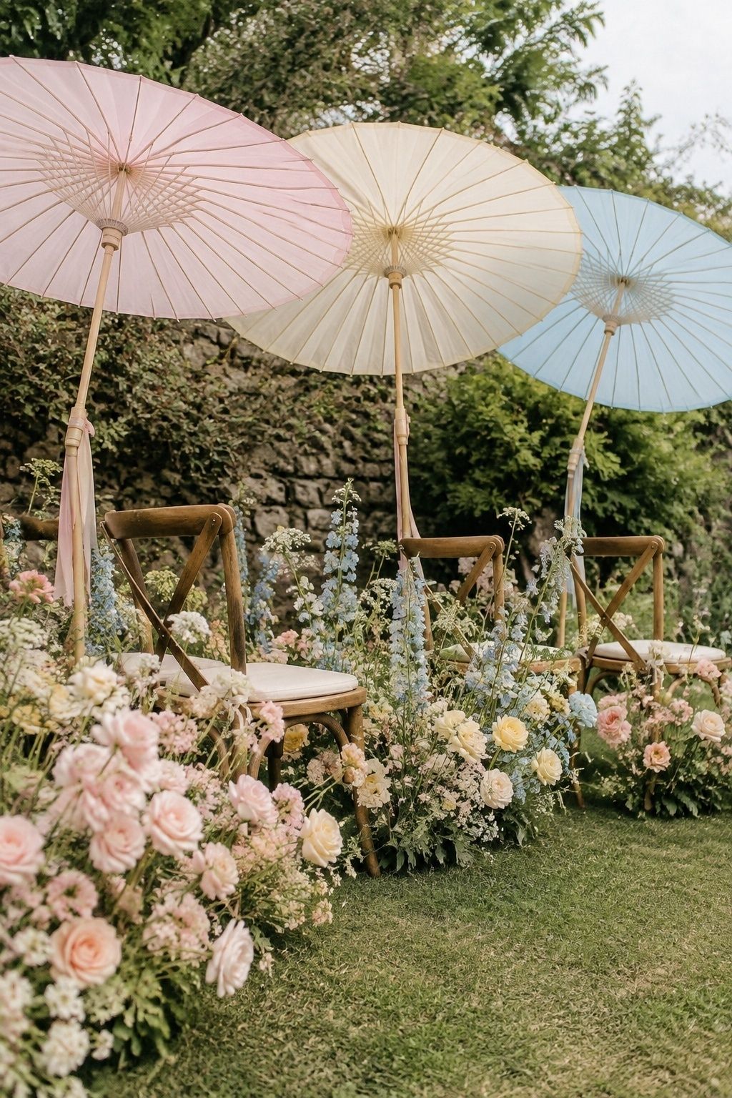 Pastel pink cream and blue parasols matched to garden wedding flowers