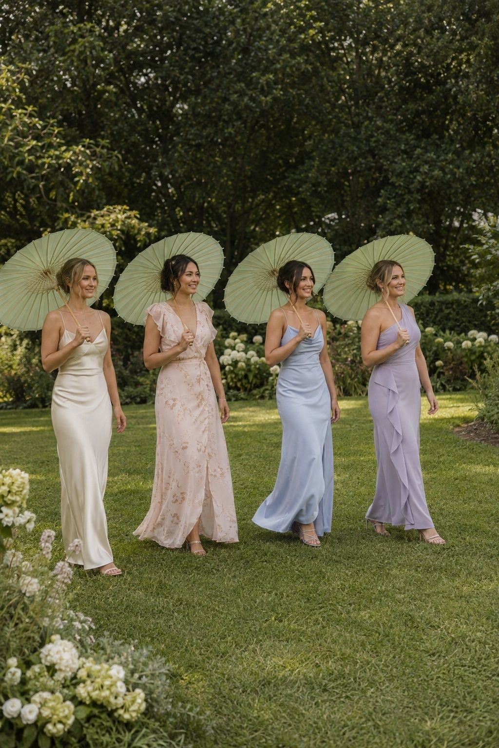 Bridal attendants carrying matching sage parasols in a garden processional