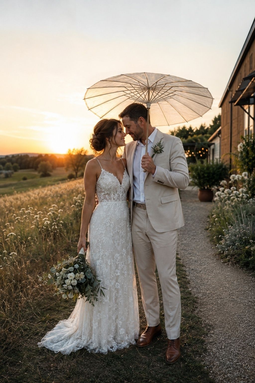 Newlywed couple posing at sunset under a sheer champagne parasol