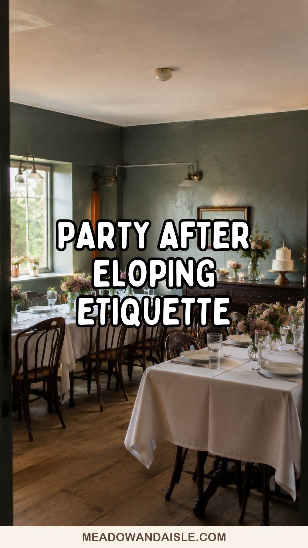 Party after eloping etiquette Pinterest pin over an intimate celebration dinner setting