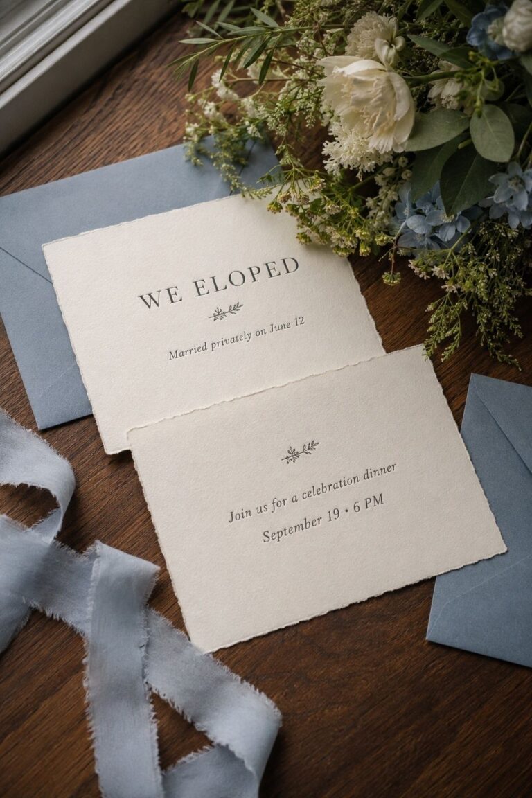 Elopement announcement and celebration dinner invitation with blue envelopes
