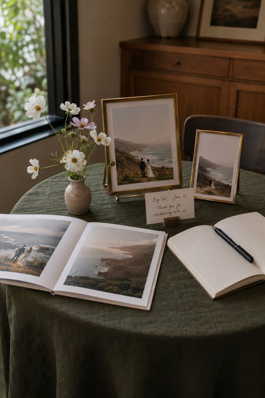 Elopement photo display and guest book with a handwritten thank-you note