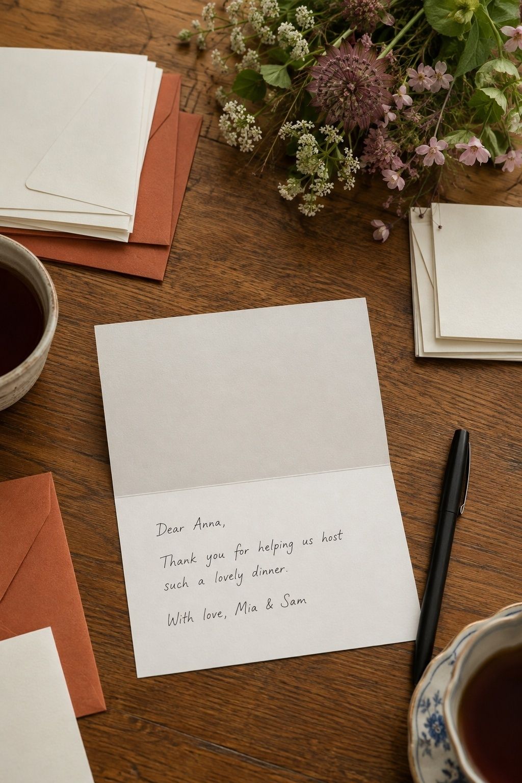 Handwritten wedding thank-you card for help hosting a dinner