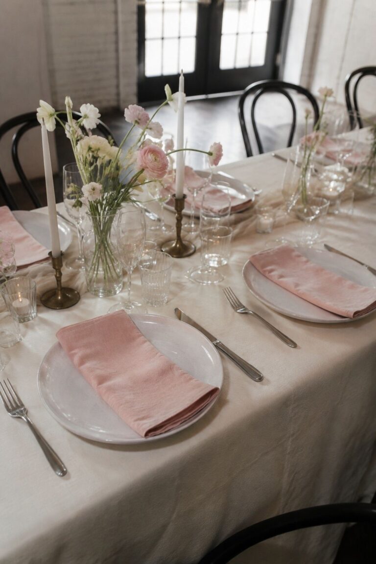 Pastel Pink Napkins On Ivory Tables for a pastel pink wedding