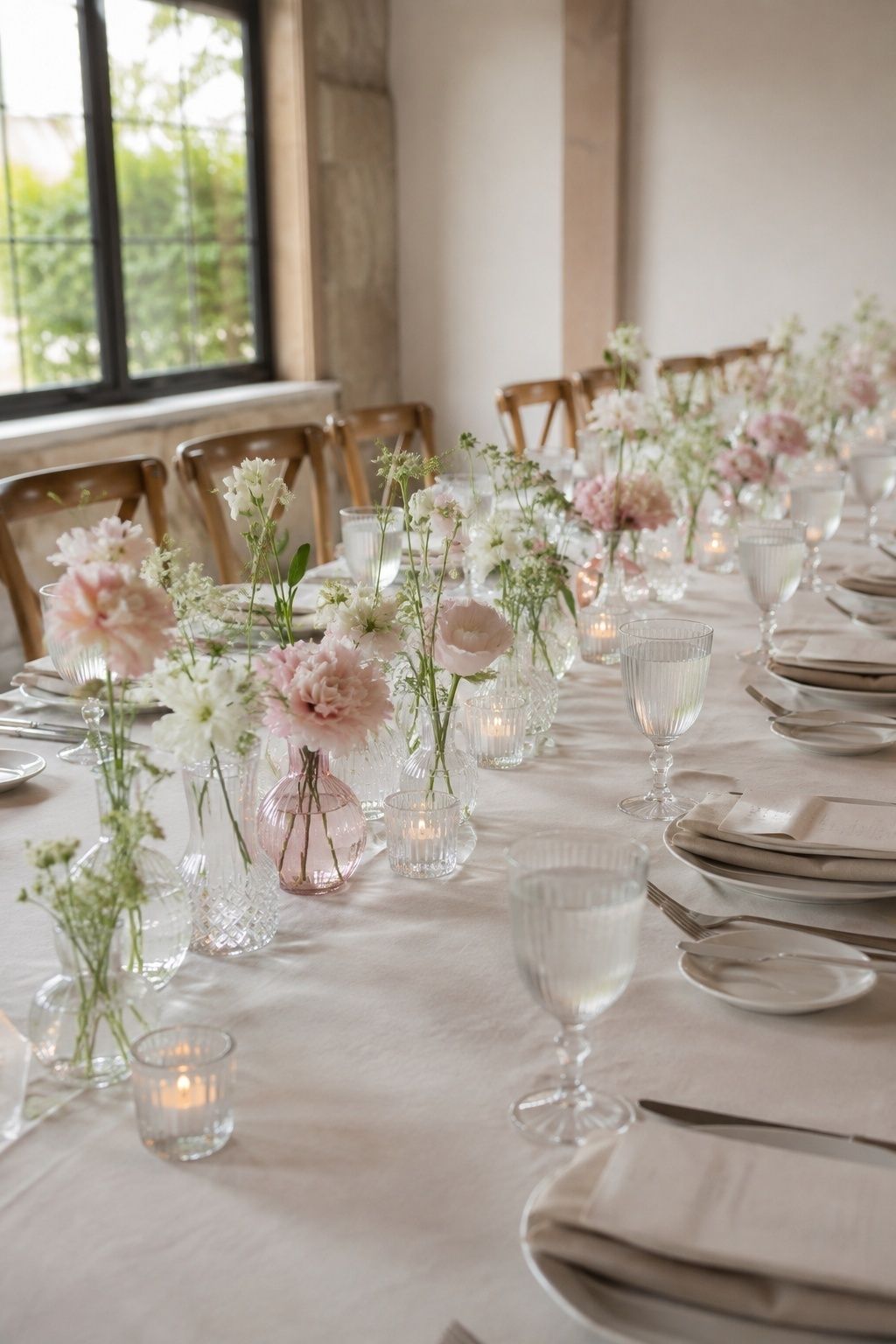 Pale pink bud vases down a small table