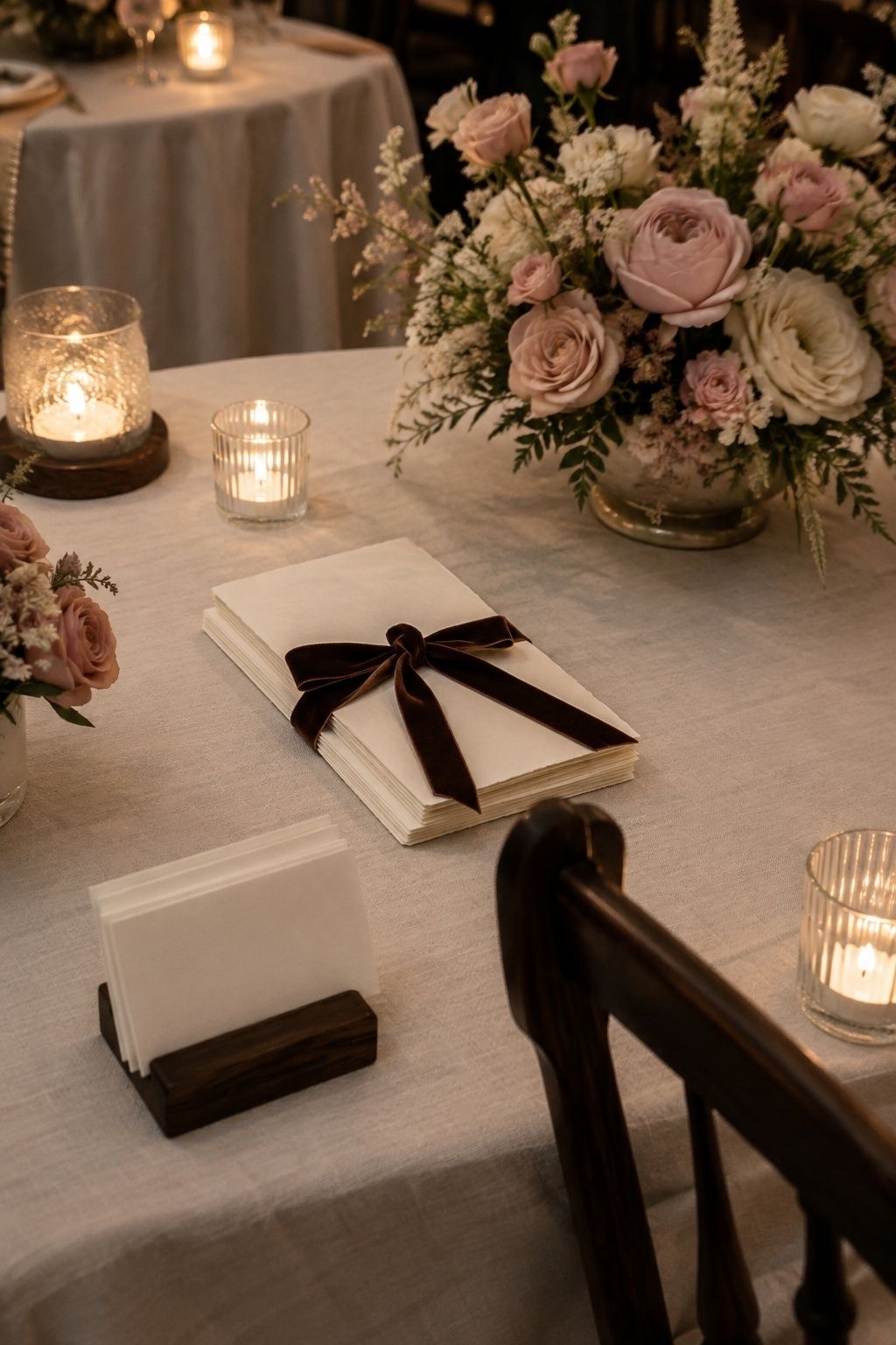 Pastel pink and chocolate brown accents