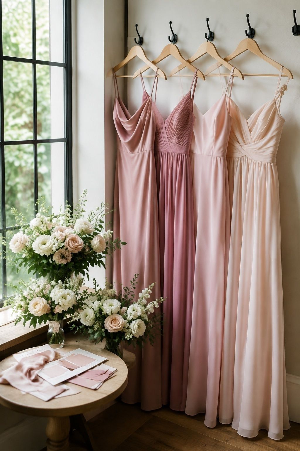 Bridesmaids in mixed shades of pastel pink
