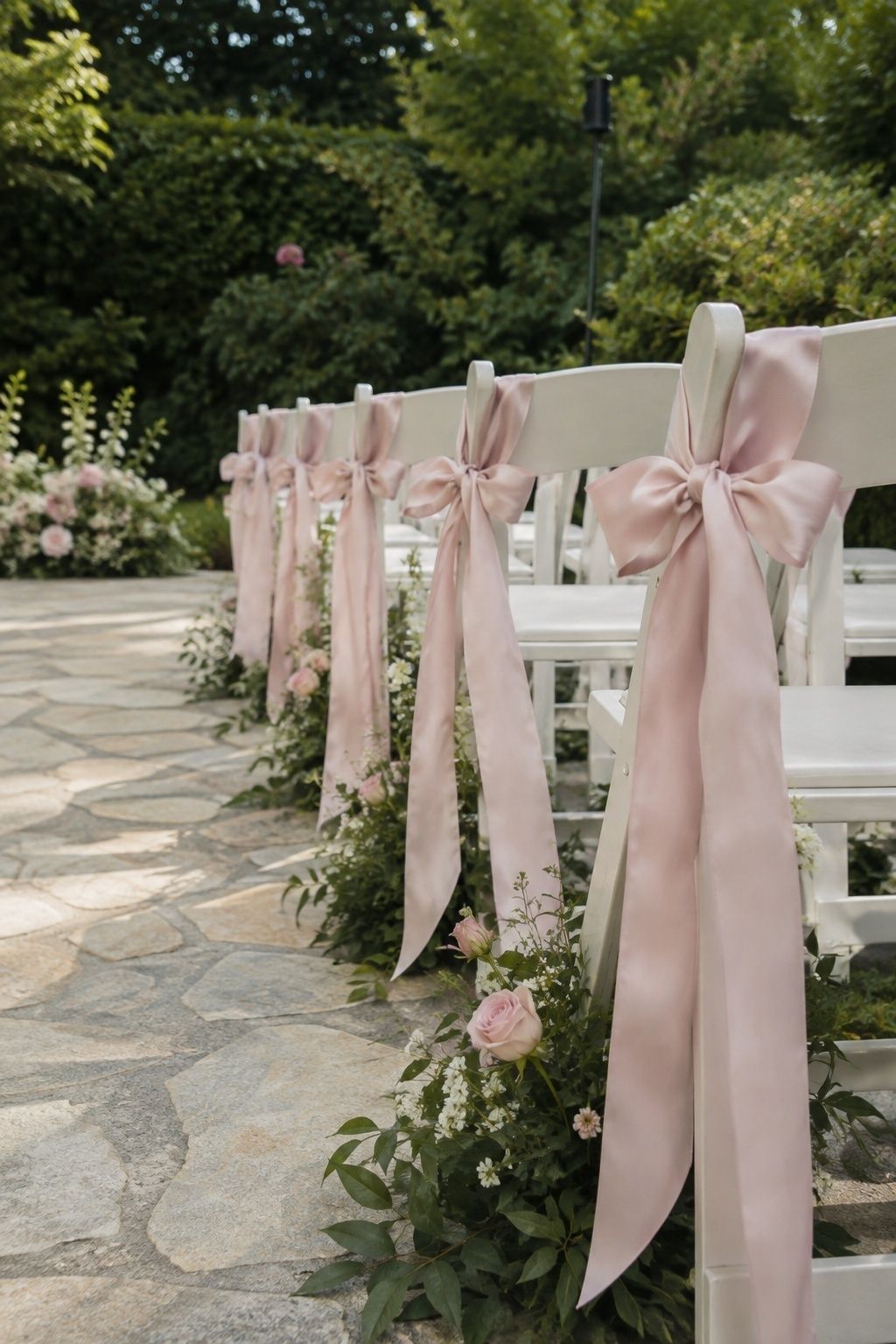 Pastel pink ribbons on ceremony chairs