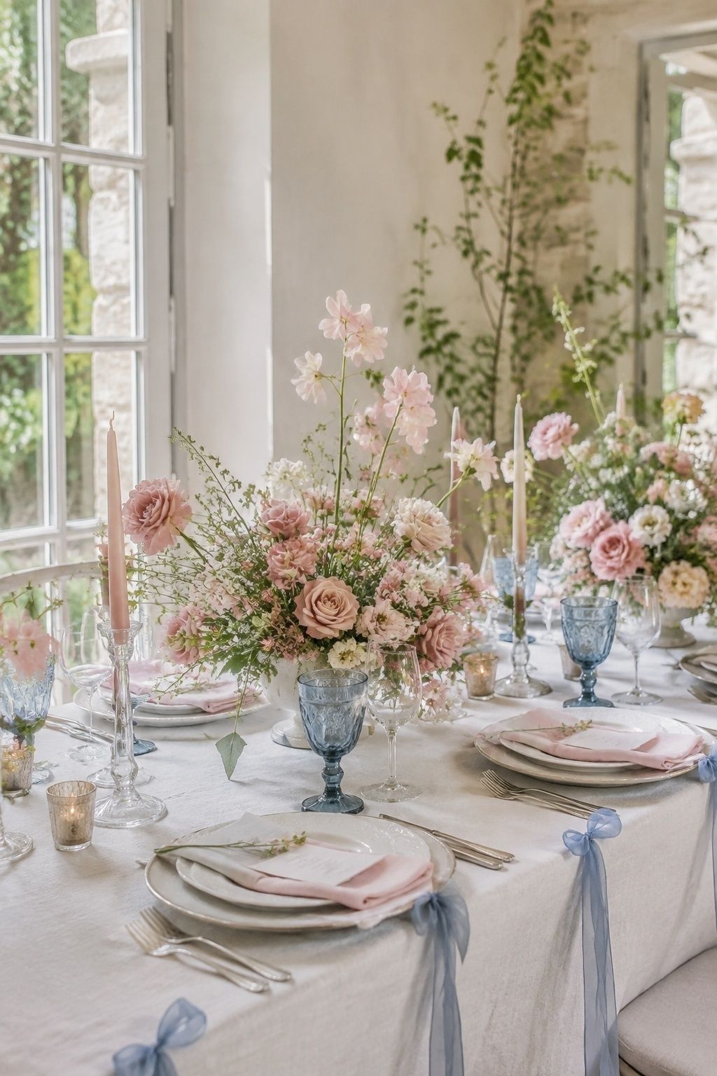 Pastel pink with dusty blue accents