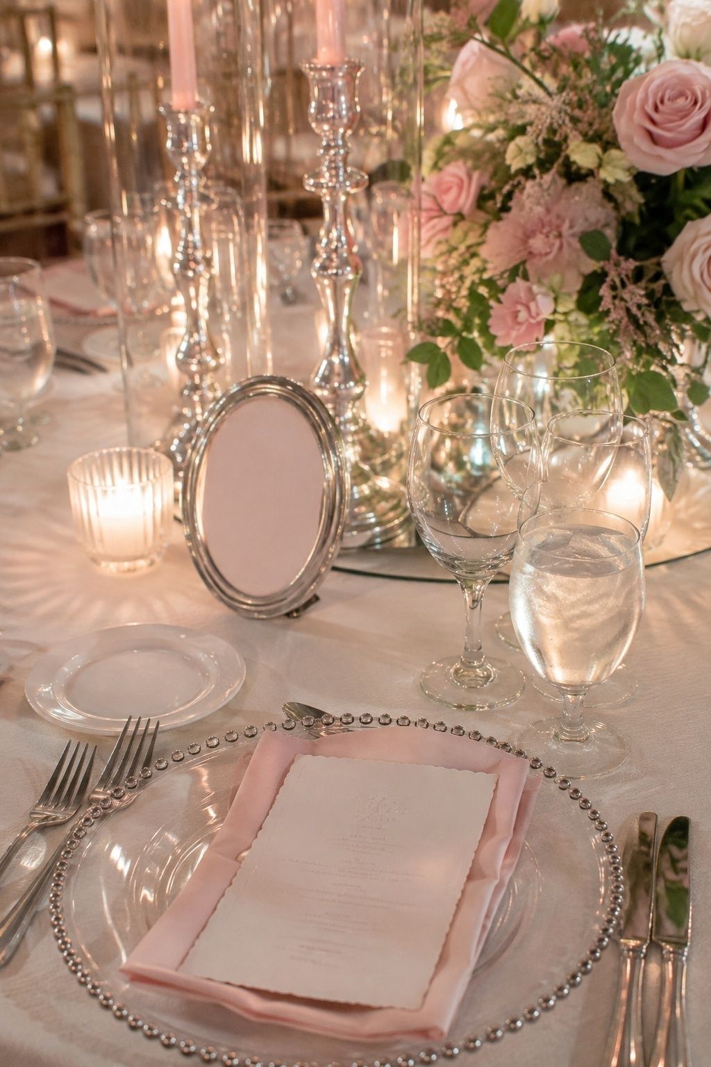 Pastel pink decor with chrome and silver shine