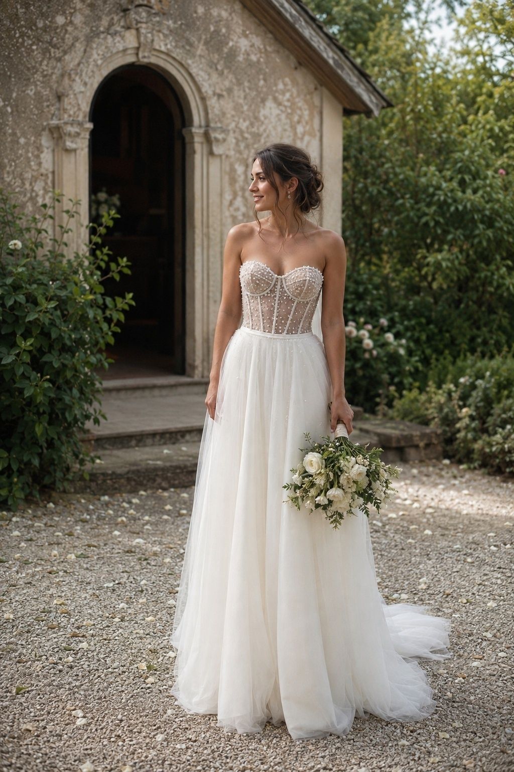 Sheer pearl corset with a soft A-line skirt