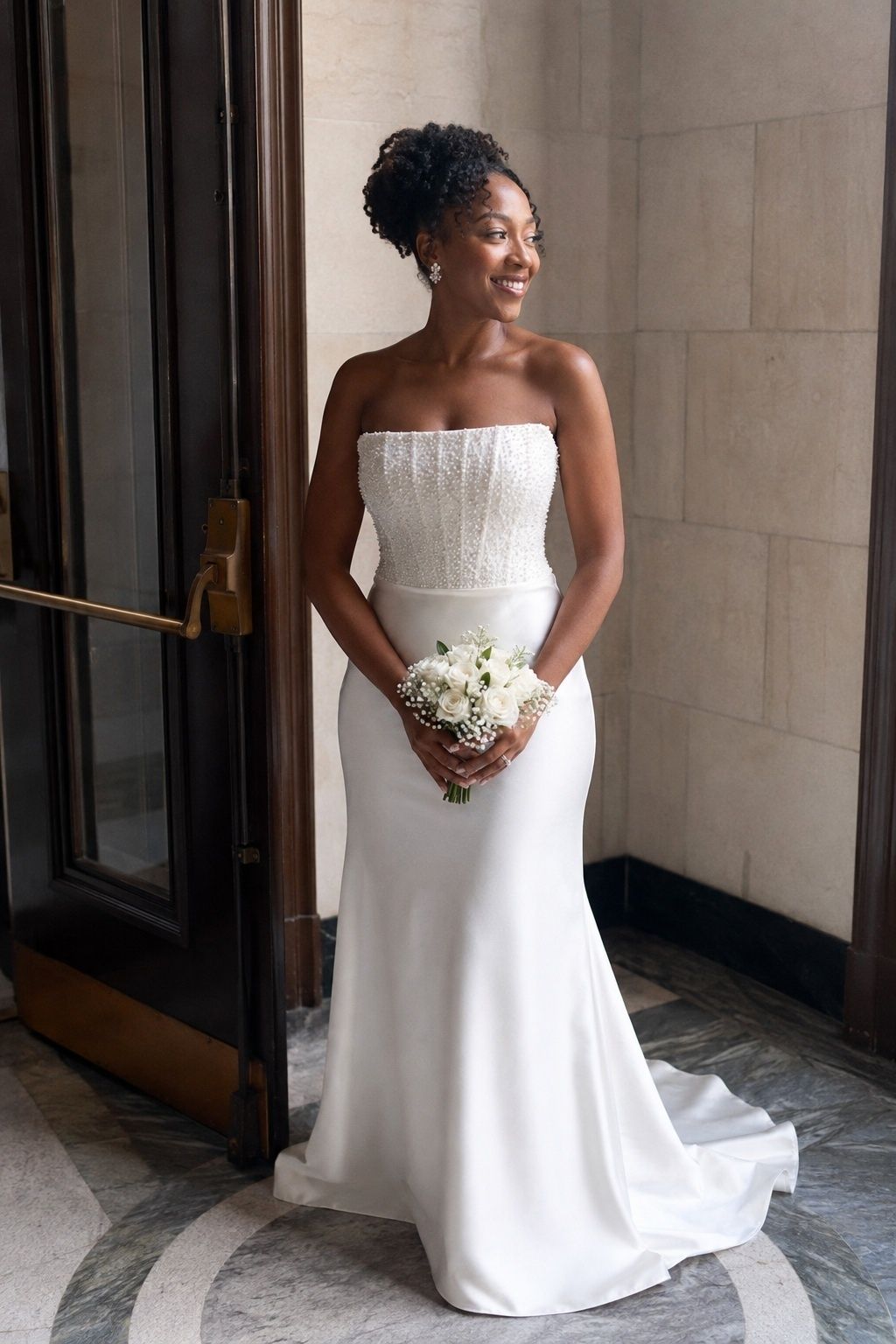 Strapless pearl corset gown in clean satin