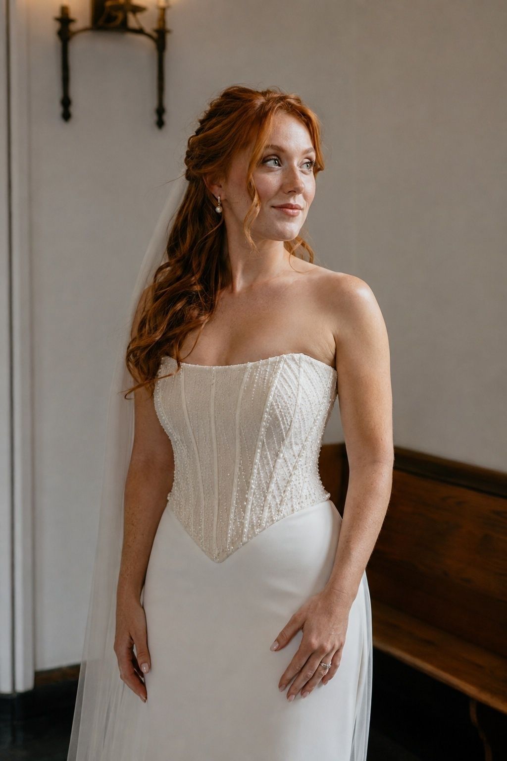 Basque waist corset with pearl beading