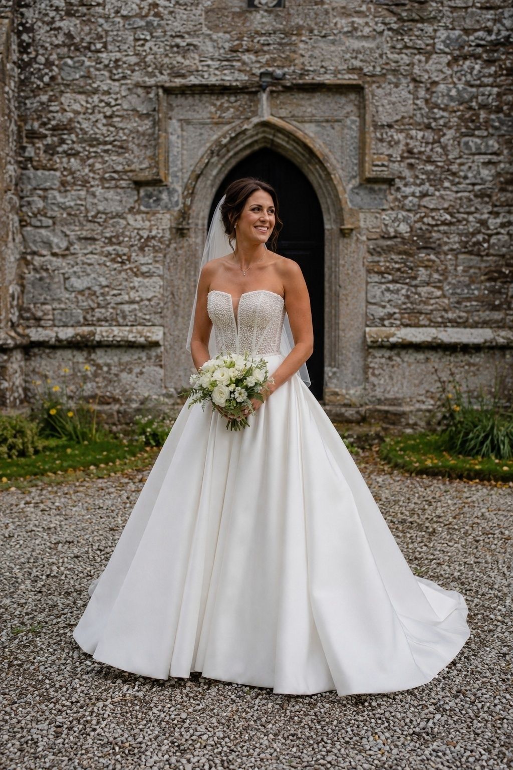 Pearl corset ball gown with a simple skirt