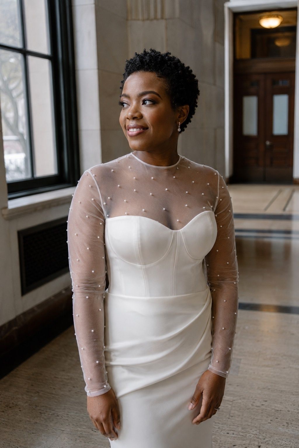 Long sleeve corset dress with tiny pearl details