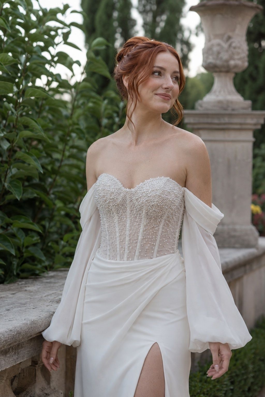 Off-shoulder pearl corset with an open neckline