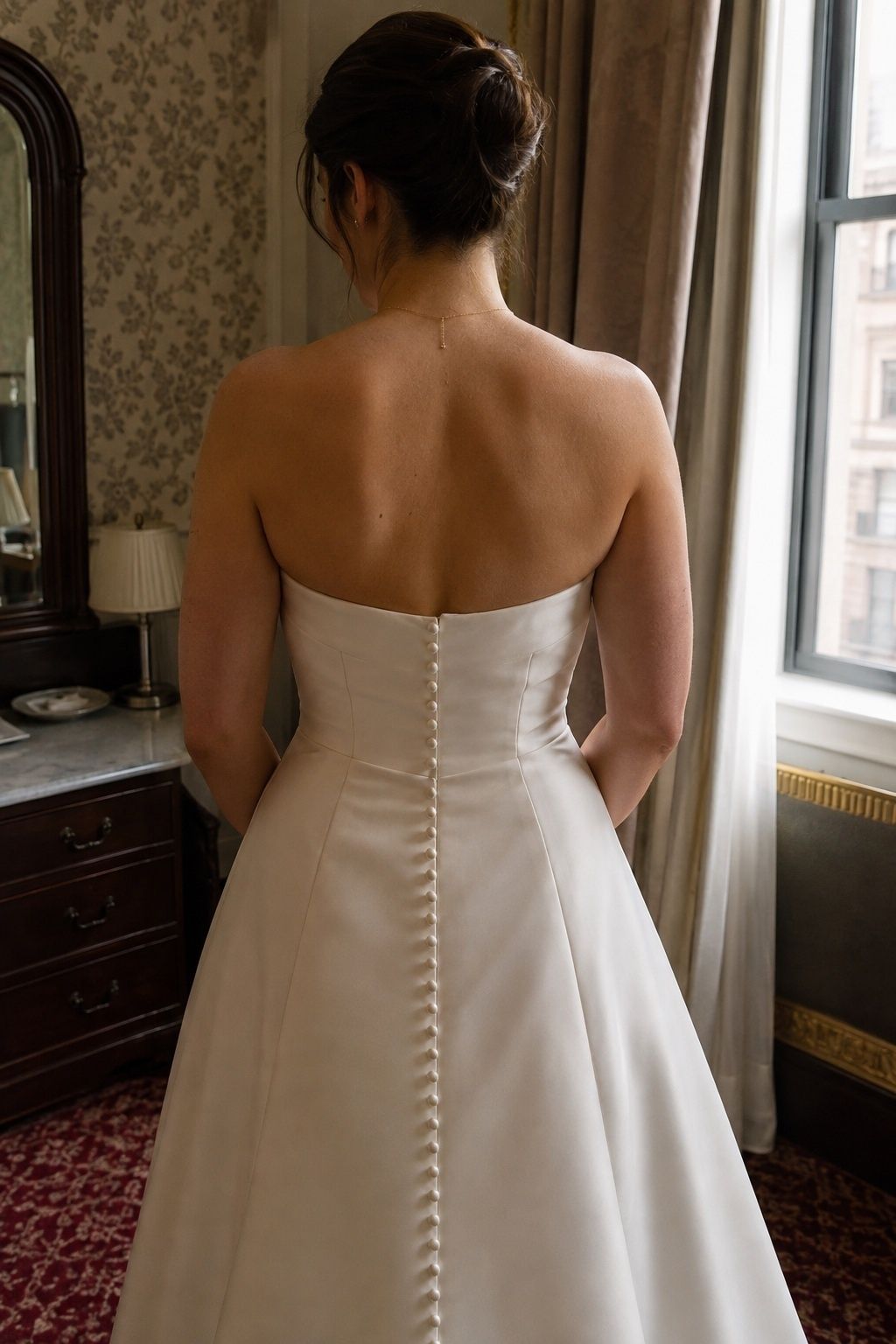 Corset gown with pearl buttons down the back