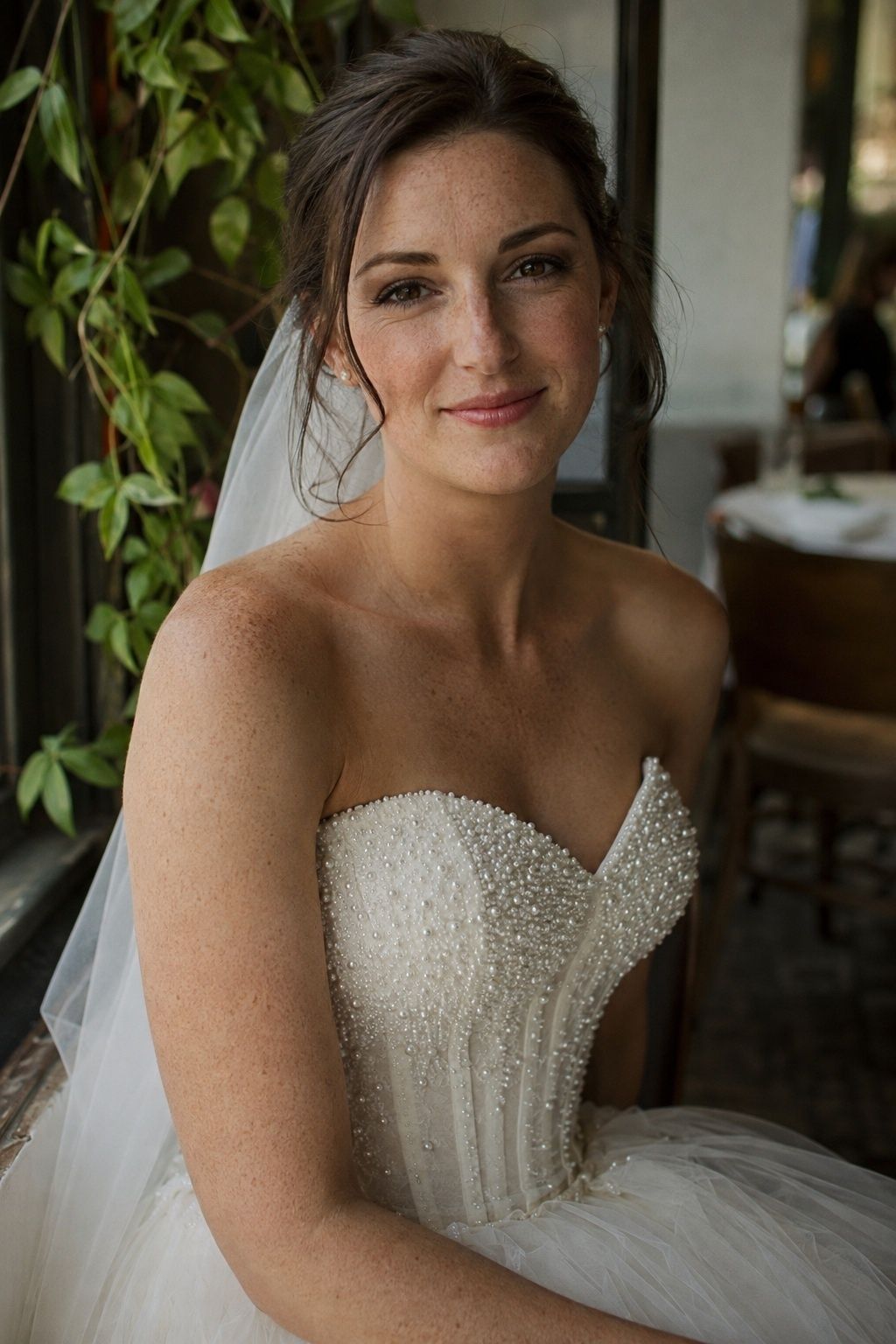 Pearl corset gown worn without a necklace