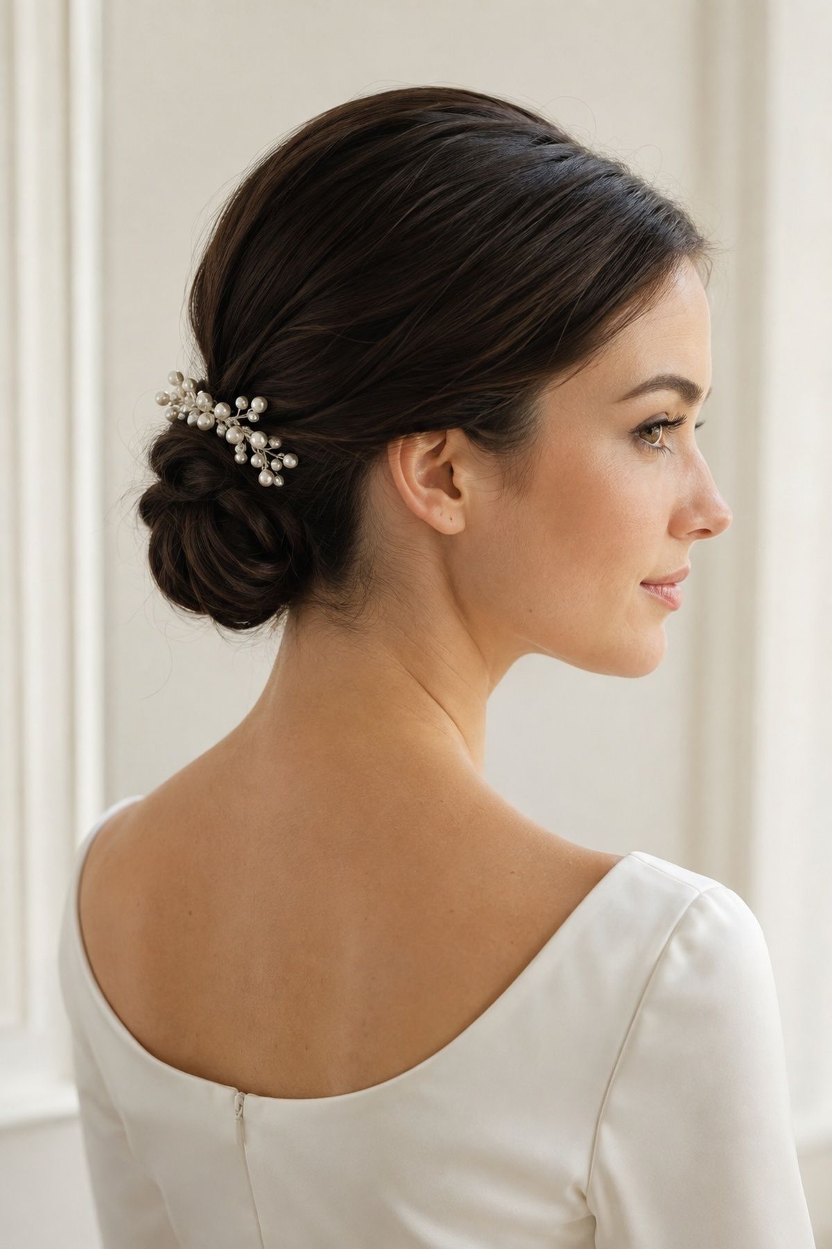 Pearl hair comb set into a low bun