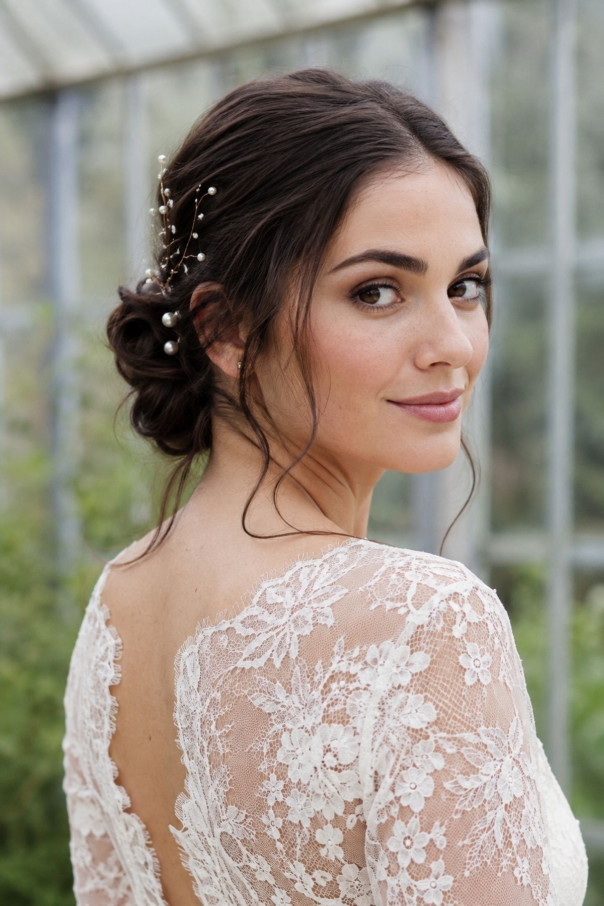 Tiny pearl hair details paired with a lace dress
