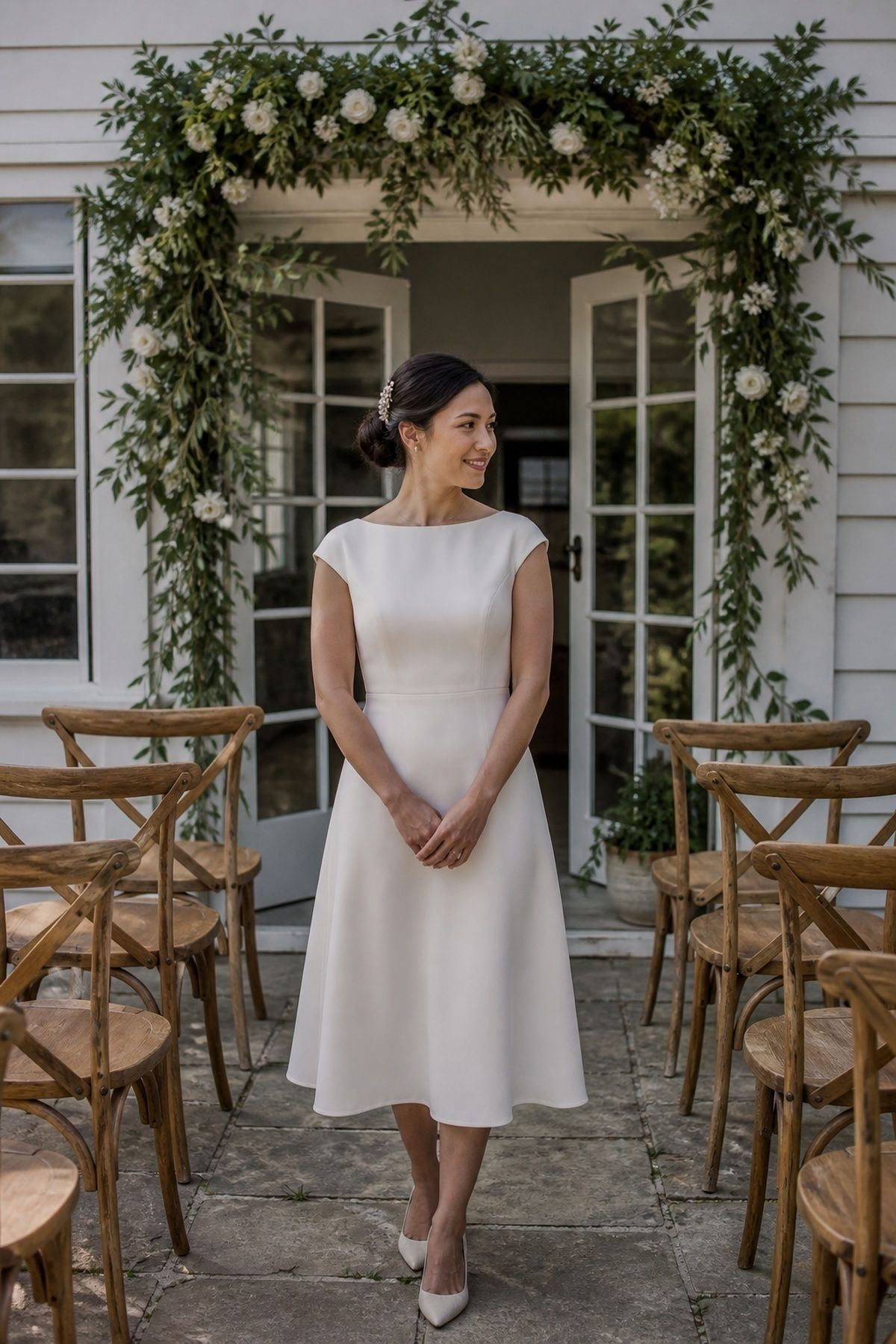 Bride in a pearl headdress at a small ceremony
