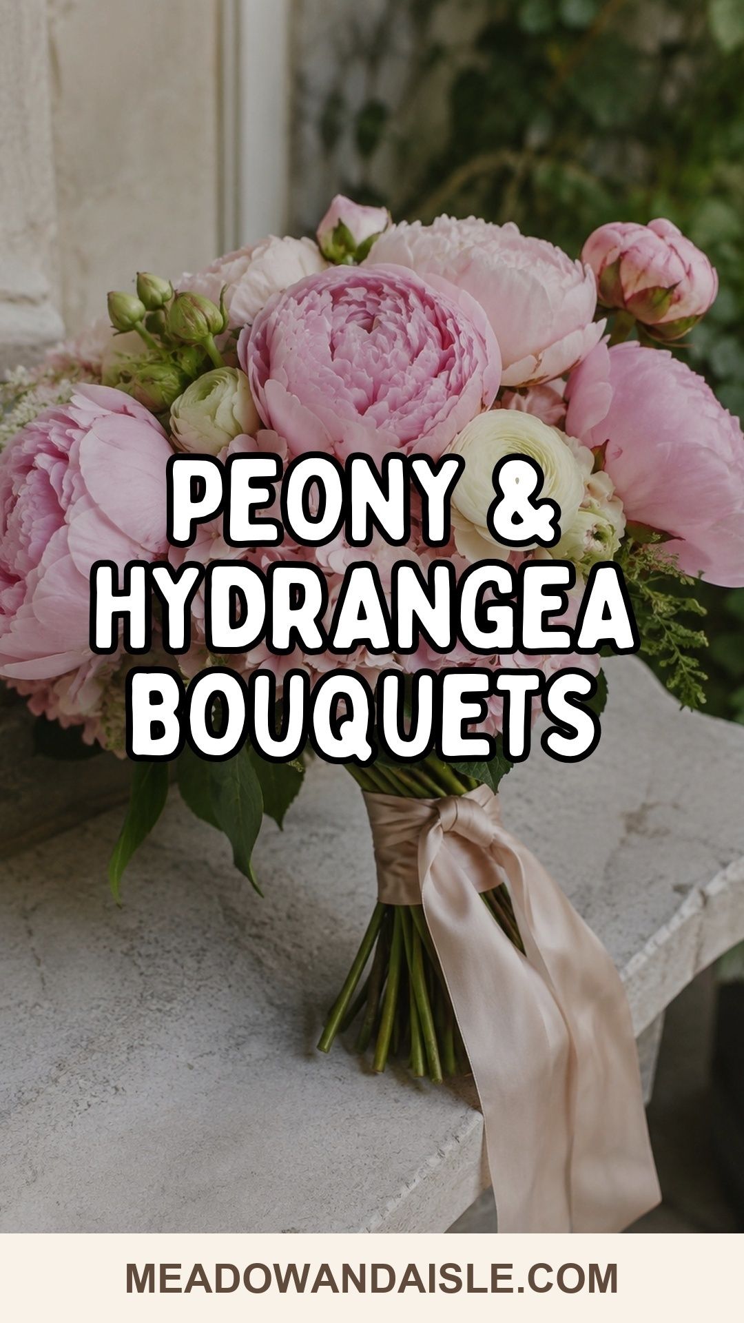 Peony and hydrangea wedding bouquet ideas Pinterest pin for Meadow & Aisle