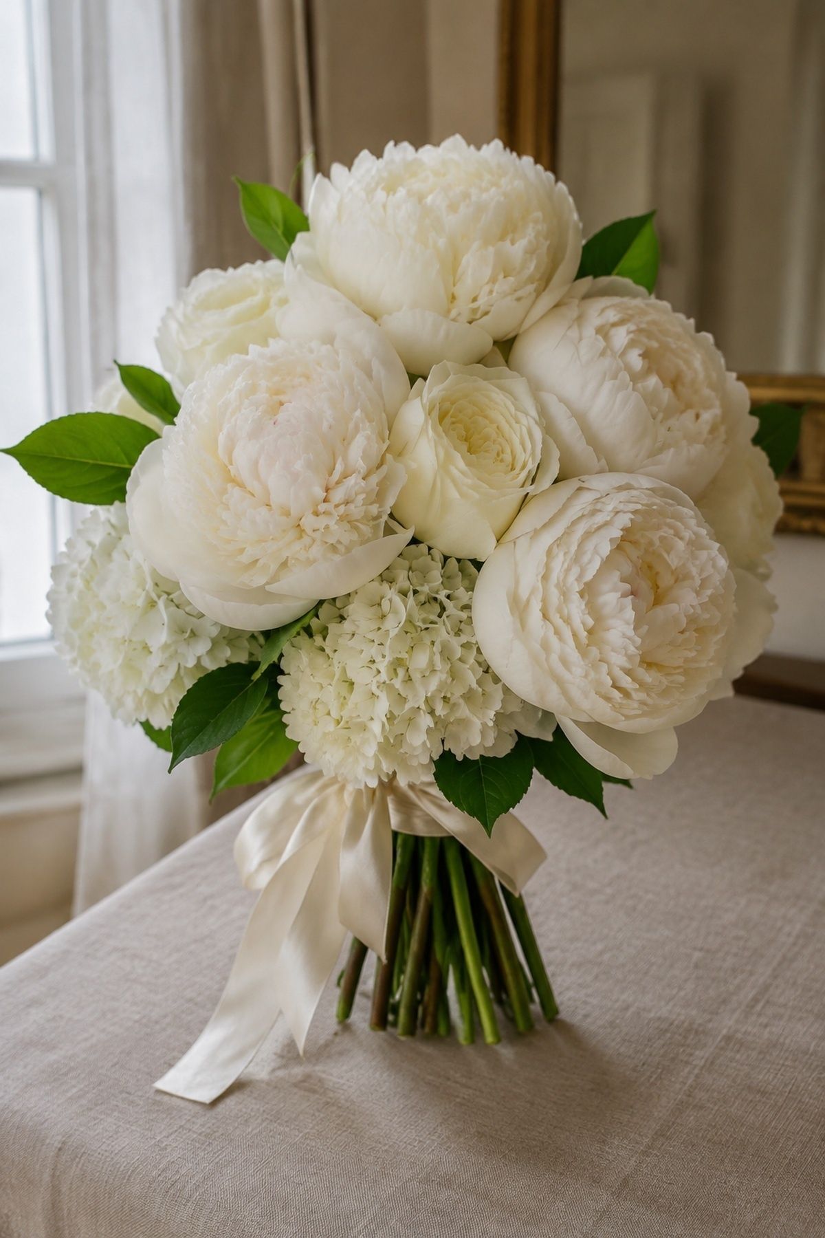Classic white peony and hydrangea bouquet