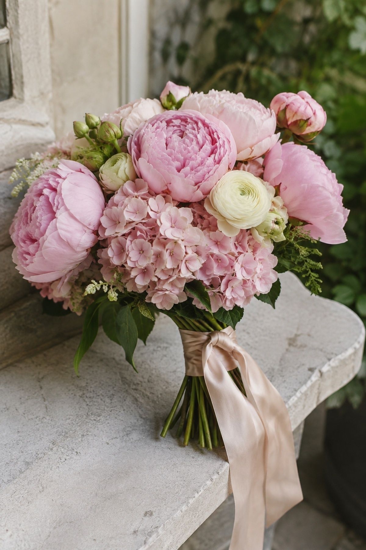 Blush peony and hydrangea bouquet