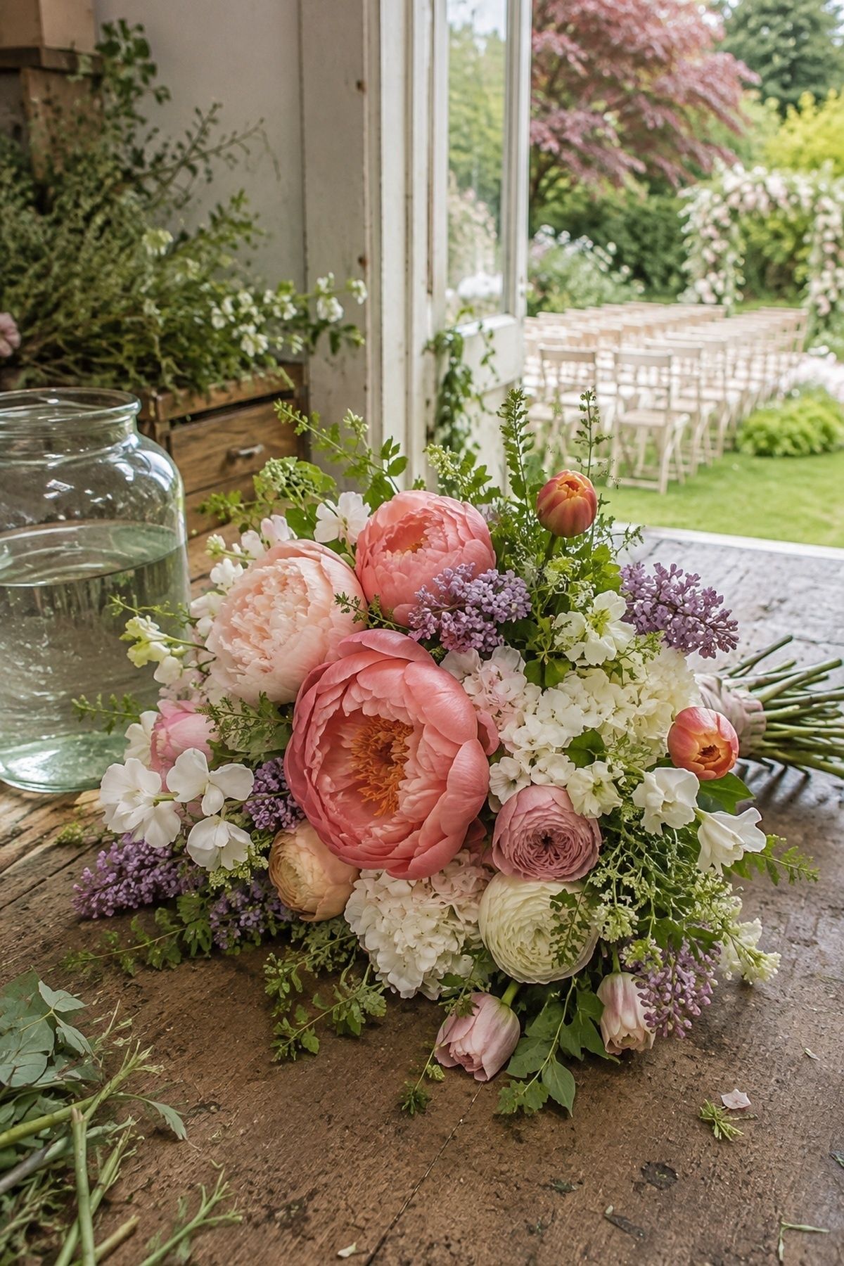 Spring bouquet of peonies and hydrangeas