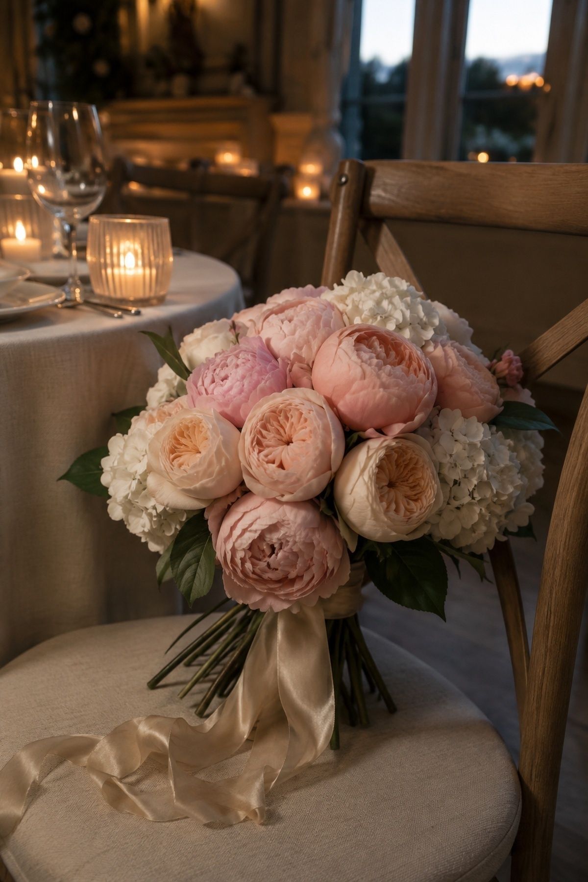 Romantic peony and hydrangea bouquet with garden roses
