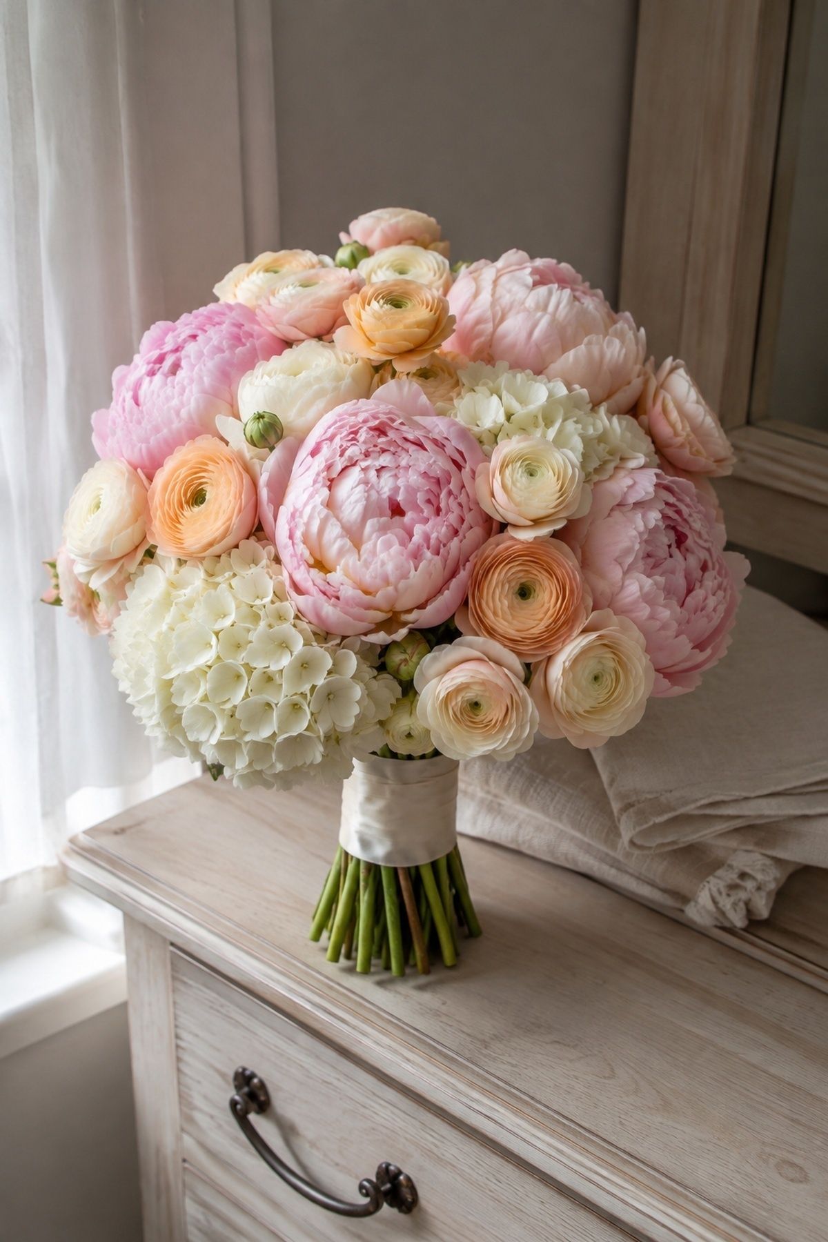Peony and hydrangea bridal flowers with ranunculus