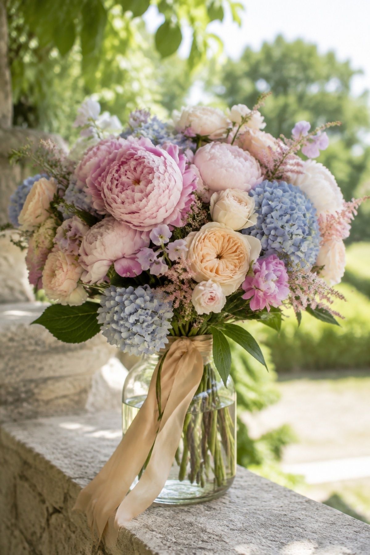 Soft pastel hydrangea and peony bouquet