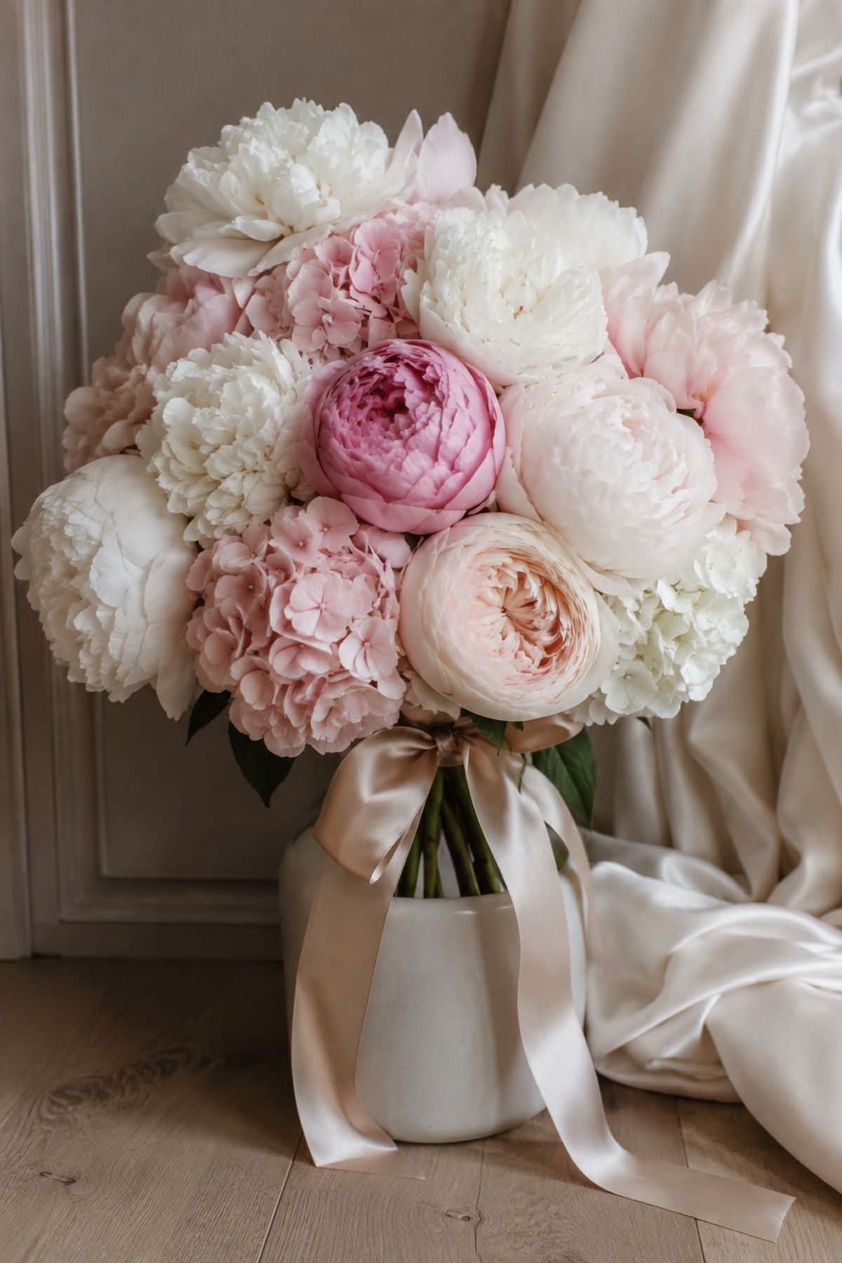 White and blush peony hydrangea bridal bouquet