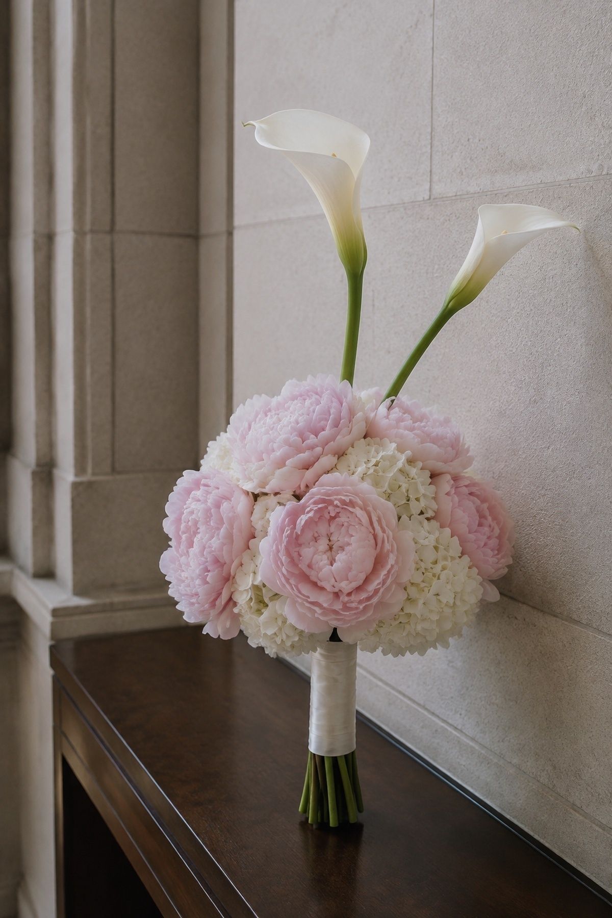 Peony and hydrangea bouquet with calla lilies