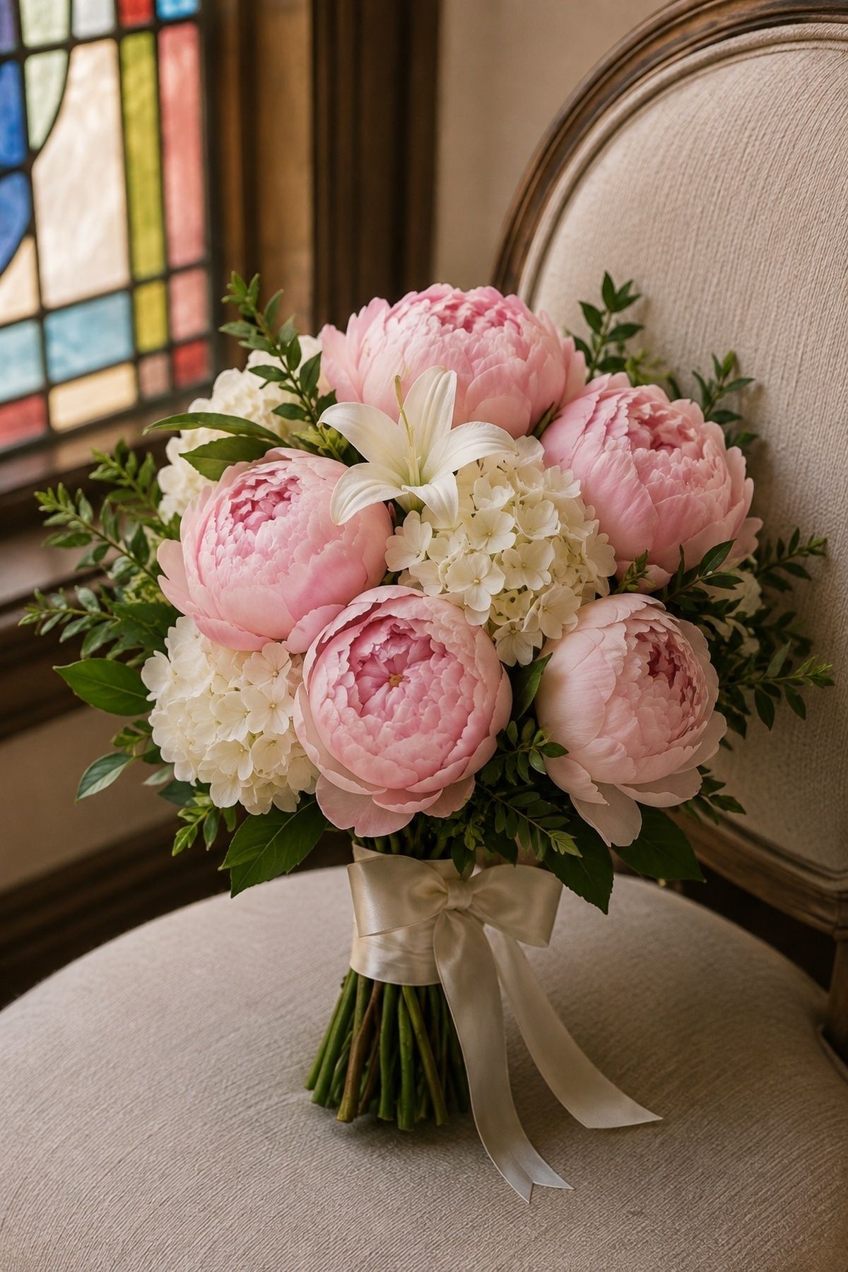 Peony and hydrangea bouquet with lily accents